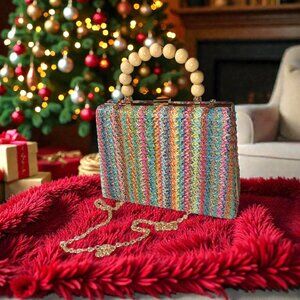 Multi Colored Purse (9.5 x 7) Woven Straw with beaded handle and gold chain